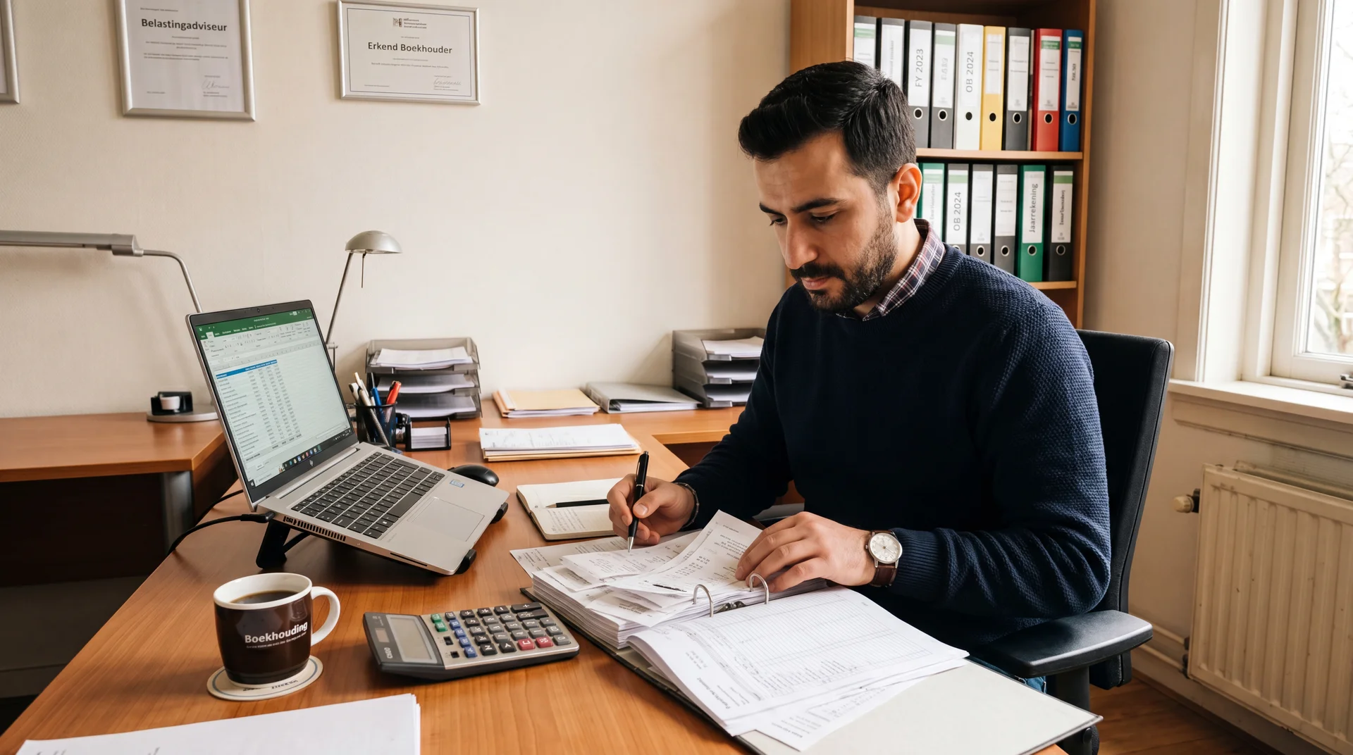 Boekhouder werkt aan de administratie en jaarrekening van een klant