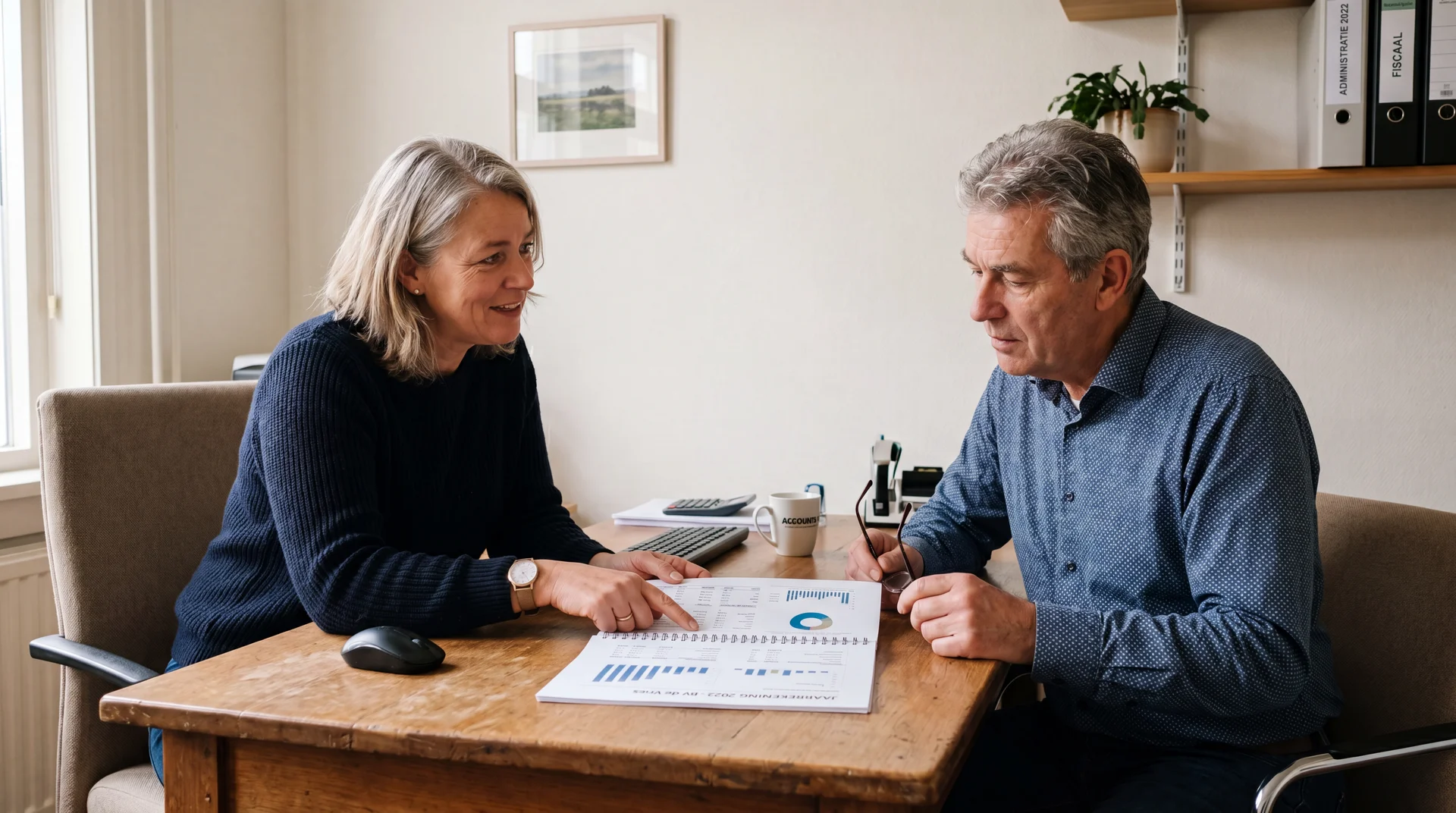 Tevreden ondernemers bespreken de jaarrekening met hun adviseur